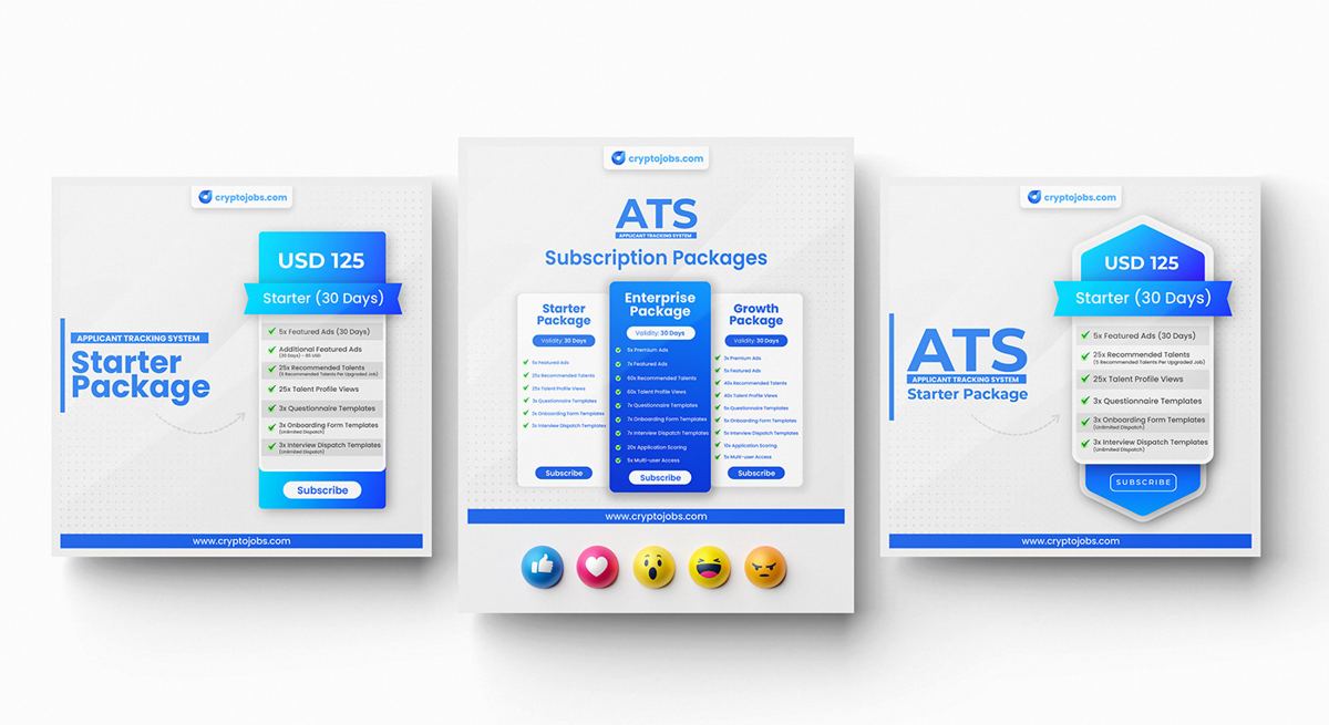 cryptojobs.com ATS subscription packages graphics: Starter, Enterprise and Growth
