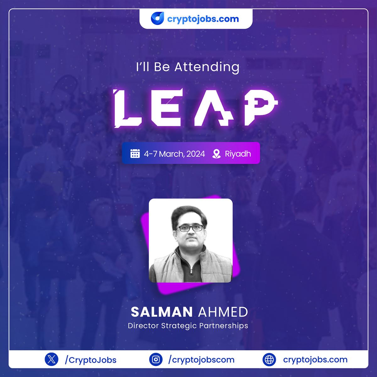 cryptojobs.com I'll be attending LEAP social post for a single team member with photo, name and title