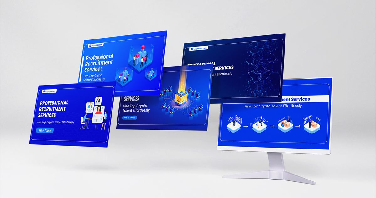 cryptojobs.com professional recruitment services presentation slides on screens