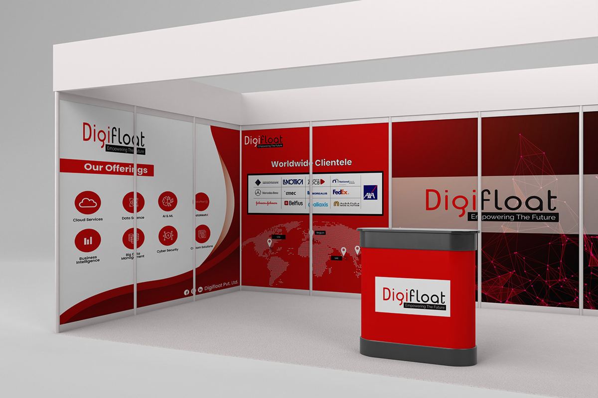Digifloat exhibition stand design with red wall graphics, service icons, worldwide client logos and branded counter