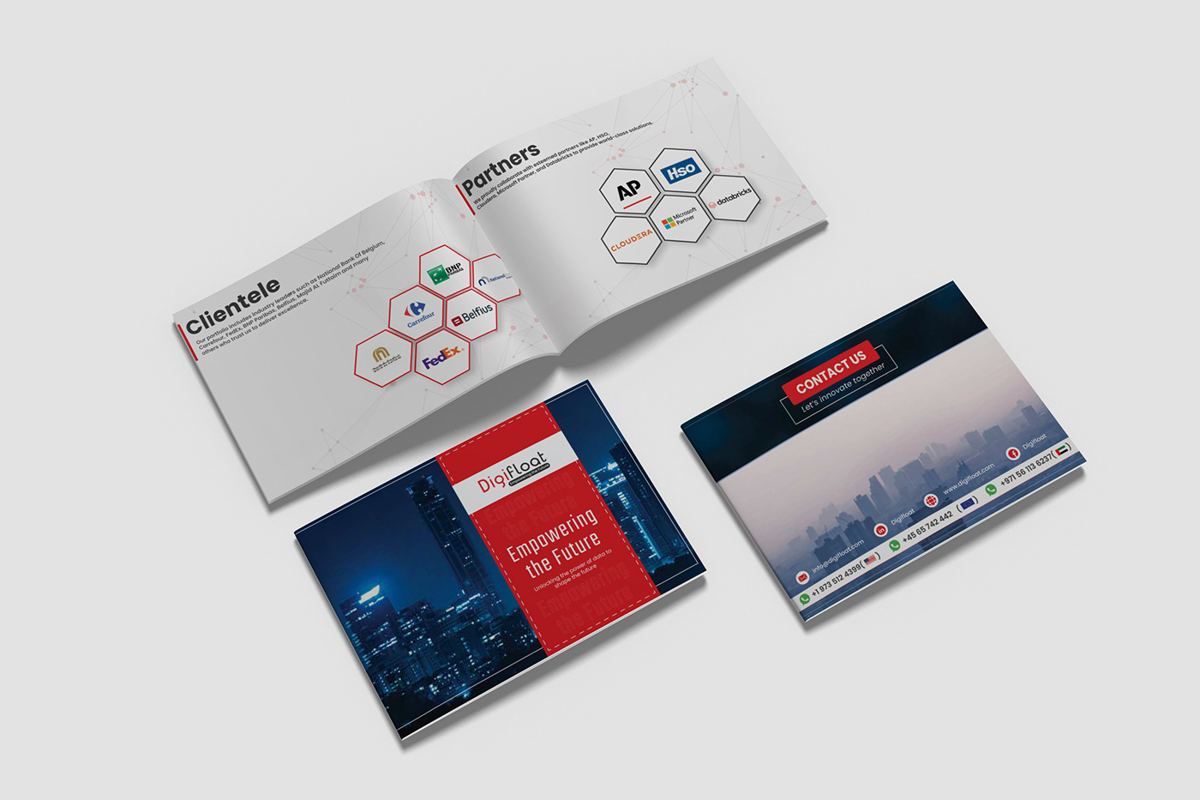 Digifloat landscape company brochure with Engineering the Future cover, clientele and partners pages