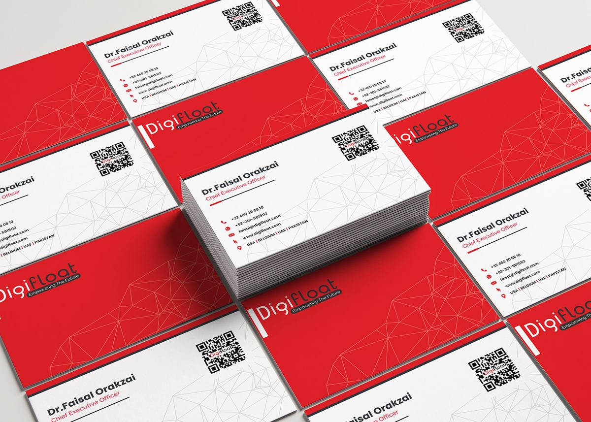 Digifloat business cards in red with white back and QR code