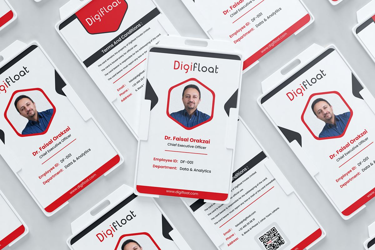 Digifloat staff ID cards with photo, name, title and department in red and white