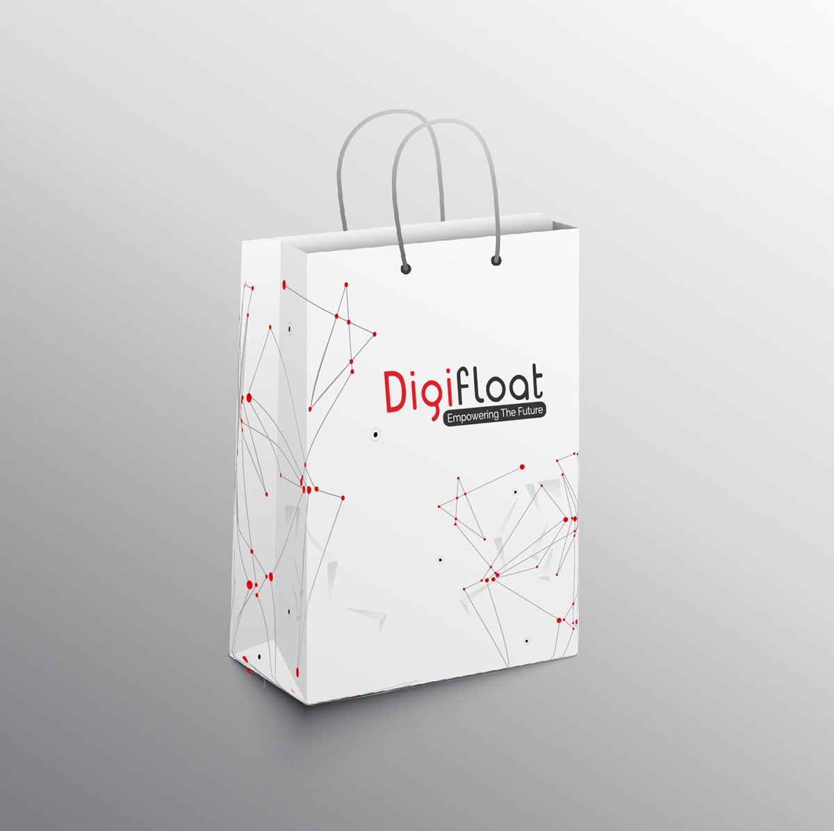 White Digifloat paper bag with red logo and network line pattern
