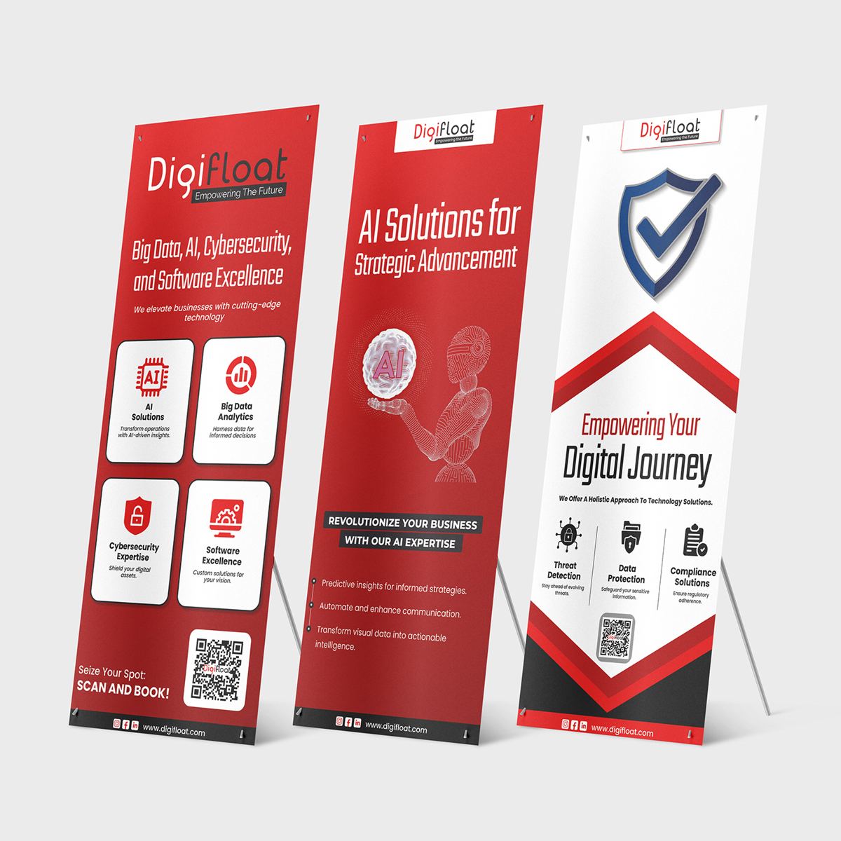 Digifloat roll-up banners in the same red system as the stand