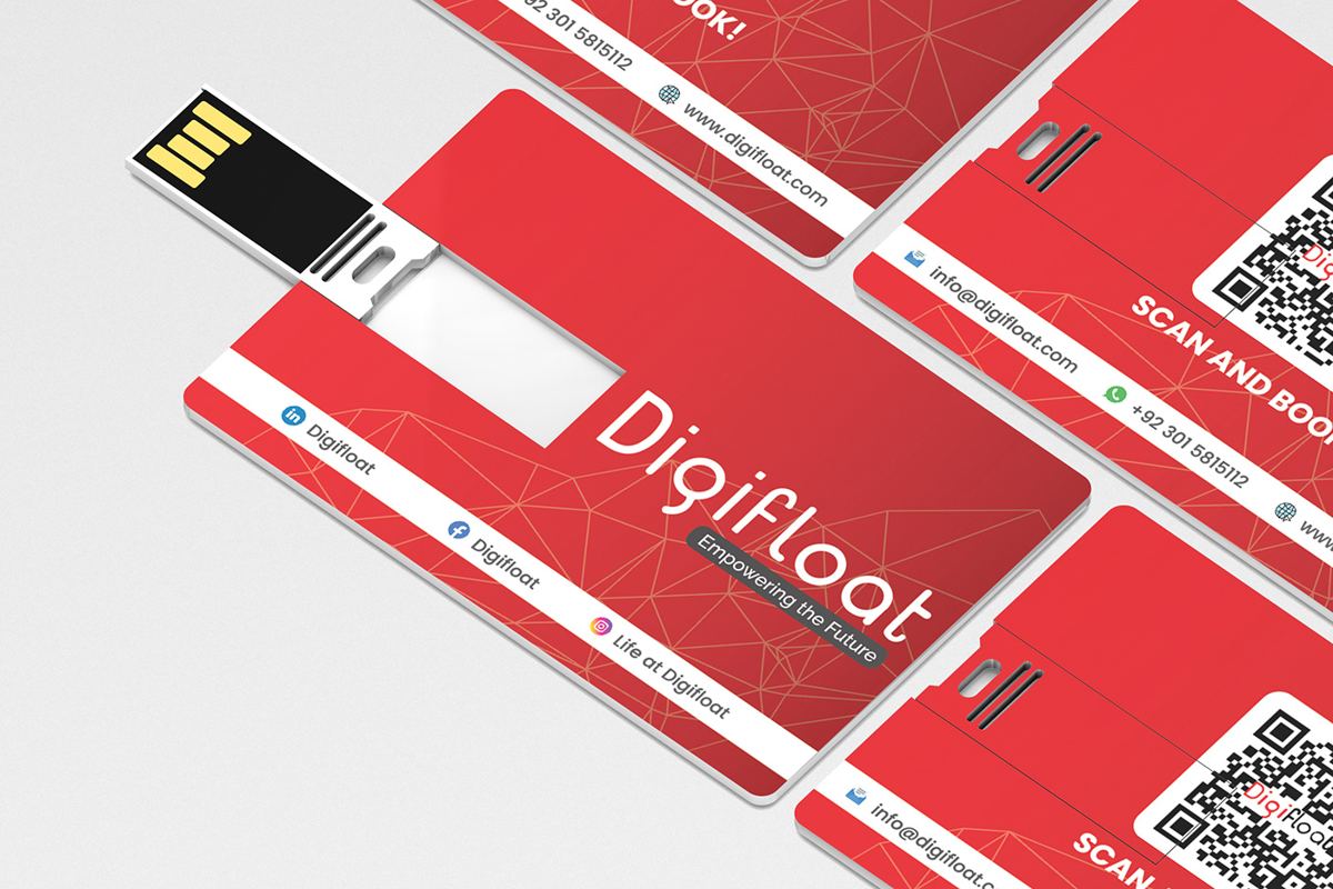 Digifloat USB card shaped like a business card with red design and QR code