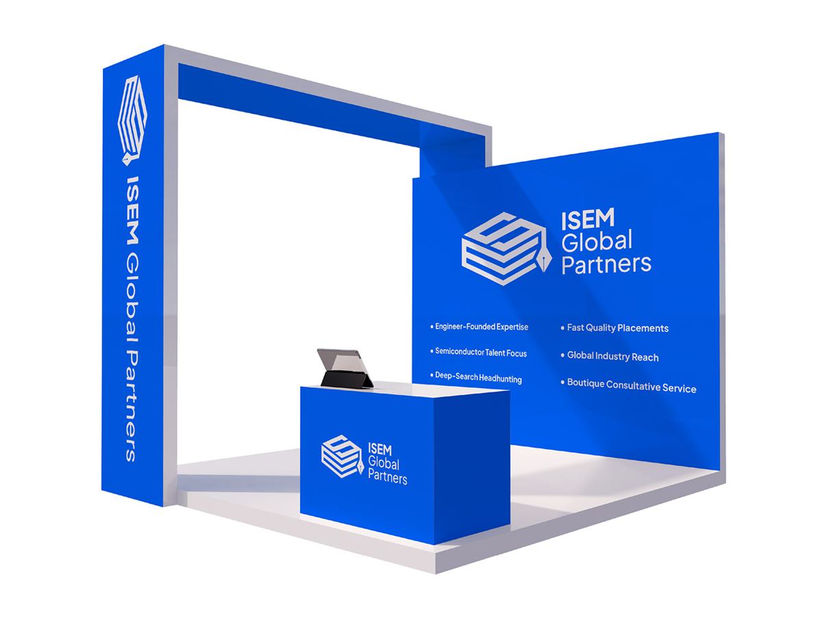 ISEM Global Partners exhibition booth in brand blue with logo wall, side tower and branded counter