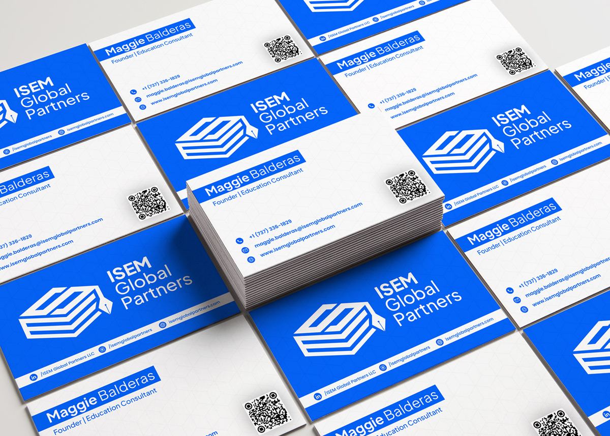 Stack of ISEM Global Partners business cards in blue and white with QR codes
