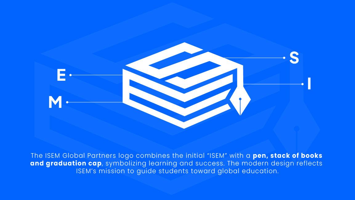 ISEM Global Partners logo concept showing the letters E, S, I and M built into a stack of books with a pen nib