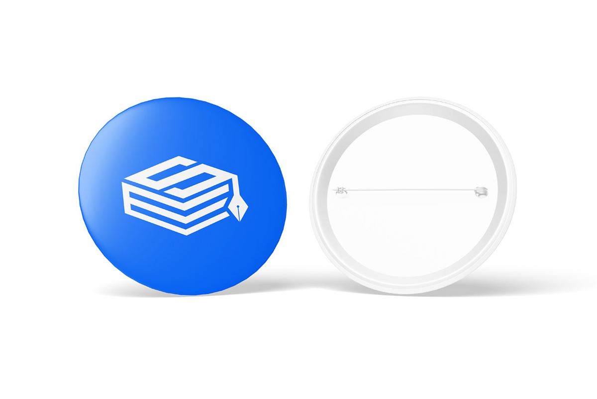 Round ISEM pin badge with white logo on blue