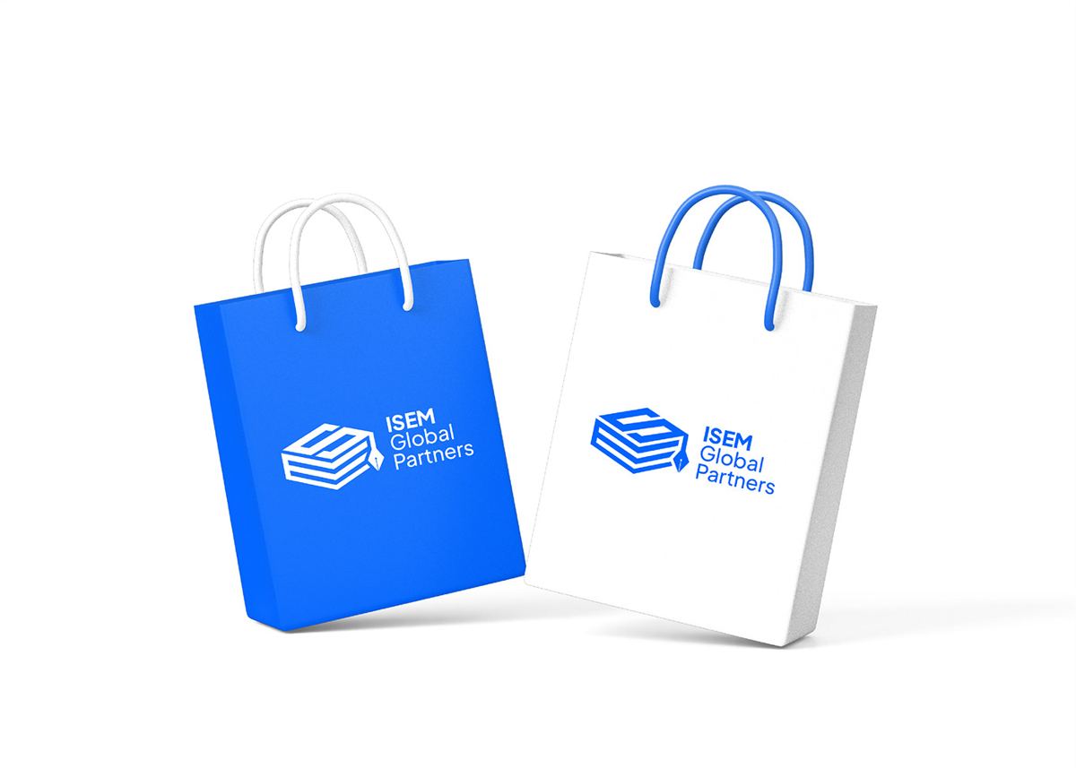 ISEM Global Partners tote bags in blue and white with logo