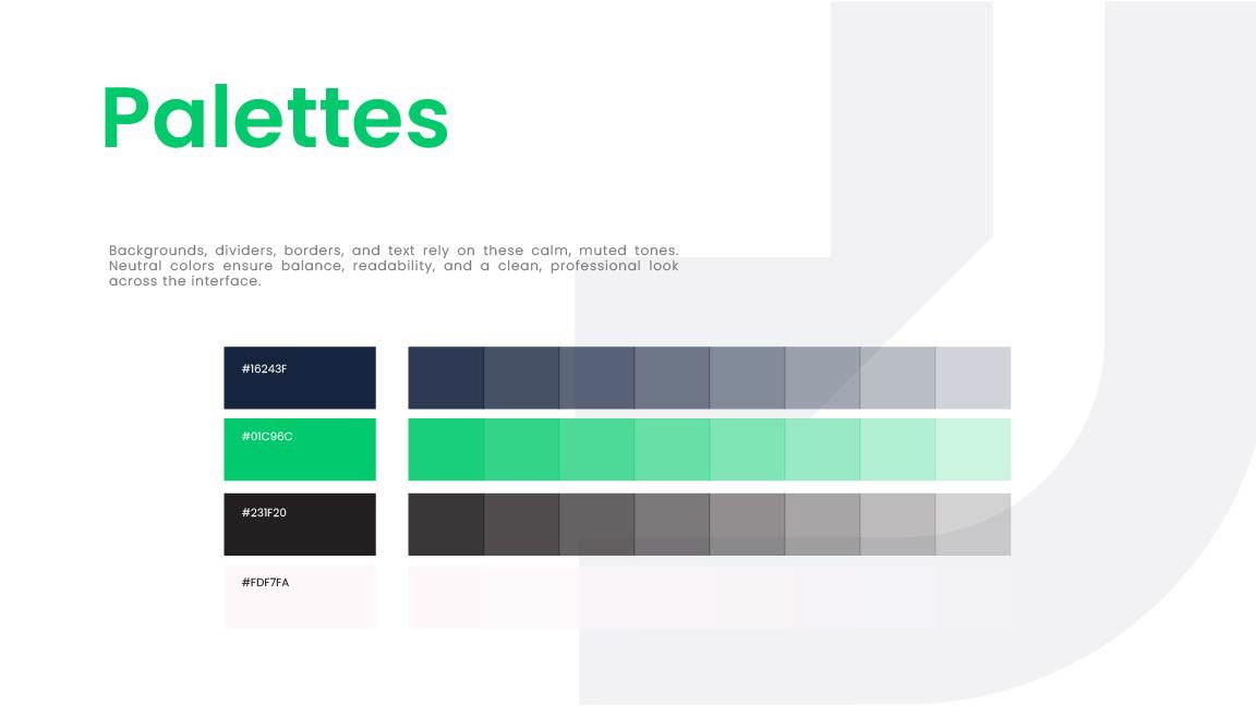 Jobulus colour palettes: navy, green and supporting greens with tints