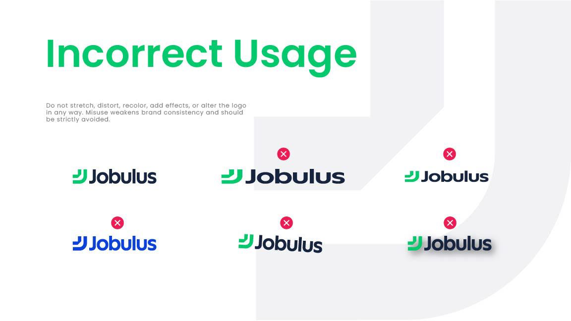 Examples of incorrect use of the Jobulus logo: wrong colours, stretching, effects and rotation