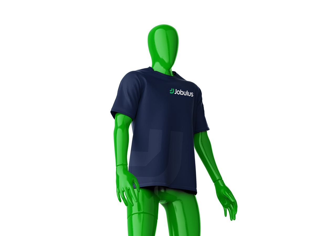 Navy Jobulus staff T-shirt with small chest logo and large back mark
