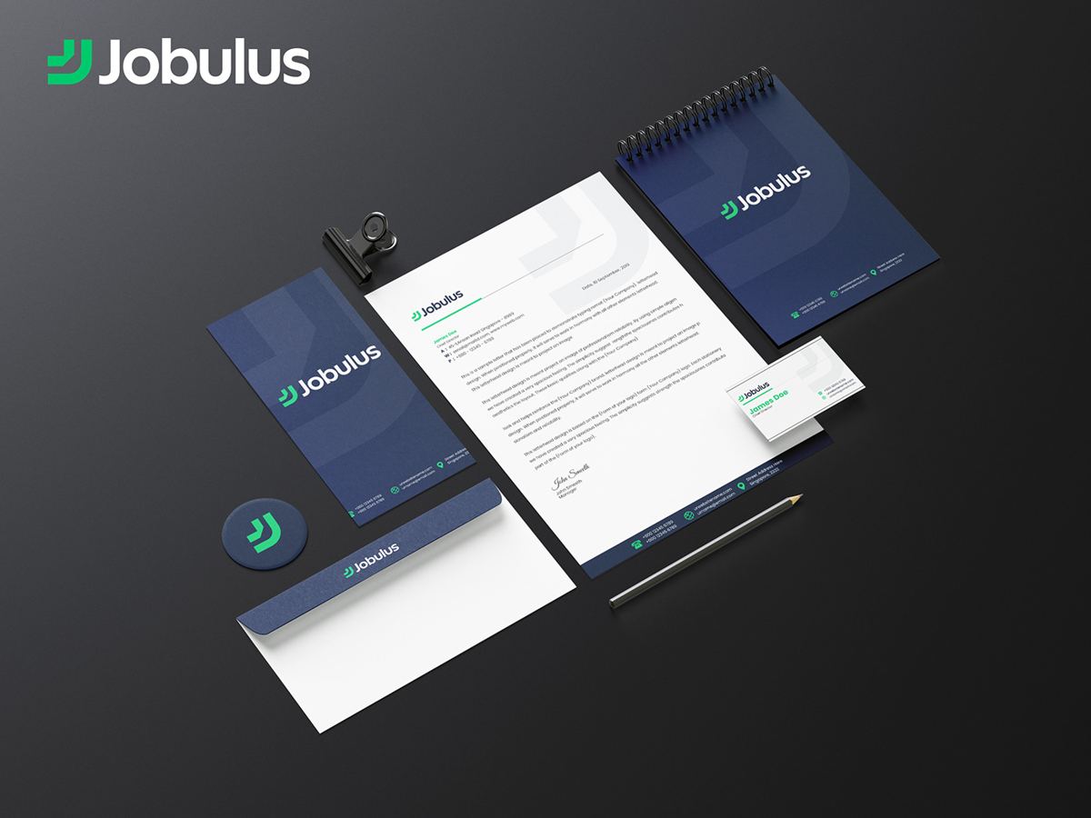 Jobulus stationery set: letterhead, envelope, notebook and business cards in navy and white