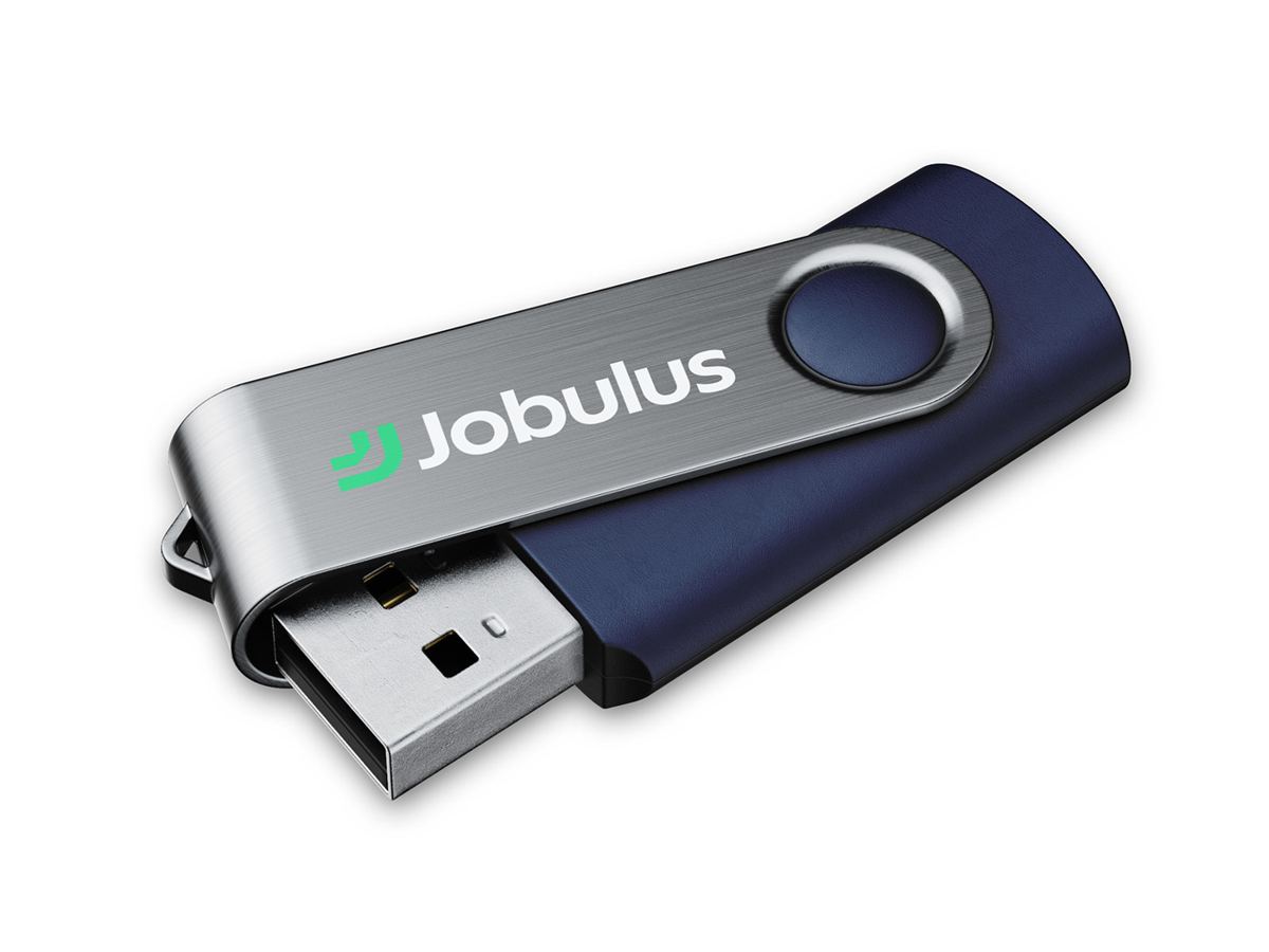 Navy and silver Jobulus USB drive with printed logo