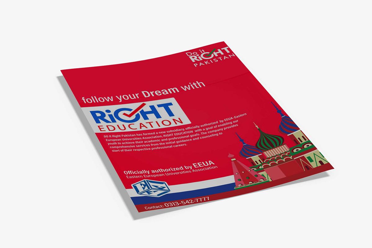 Right Education flyer in red with onion dome illustration, officially authorized by EEUA