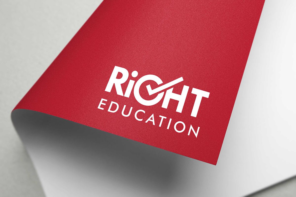 Right Education logo in white on red, with a tick mark built into the letter G