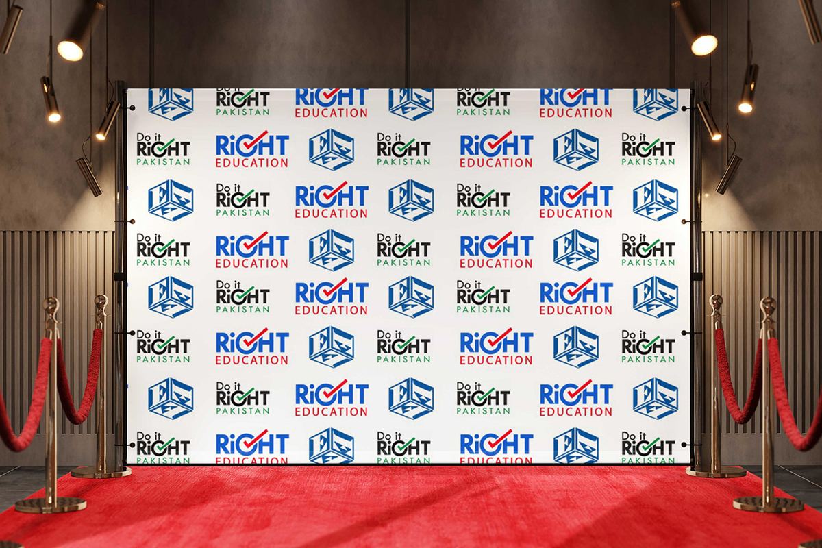 Step-and-repeat media wall with alternating Right Education and Do it Right Pakistan logos and partner logo