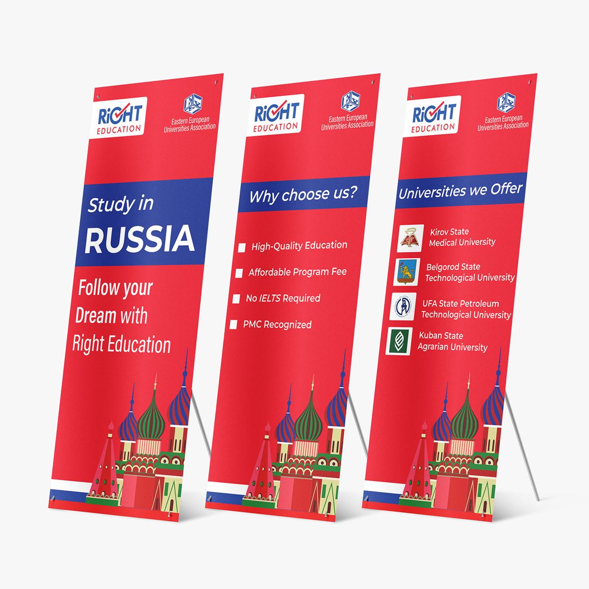 Three Right Education roll-up banners: Study in Russia, Why choose us, and Universities we offer