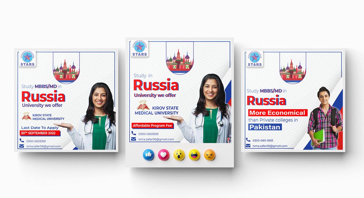 Right Education social media posts for MBBS and MD in Russia with university names and deadlines