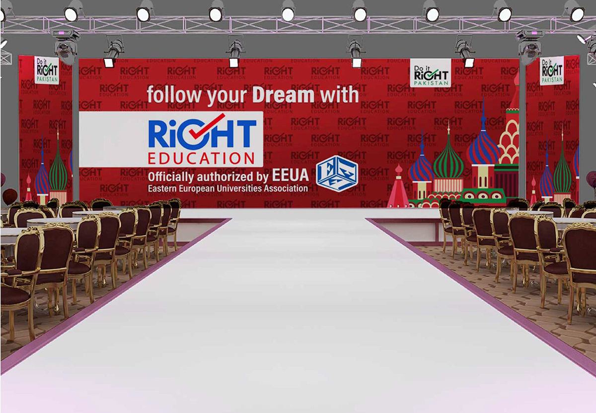 Right Education event stage with large backdrop reading follow your Dream with Right Education, officially authorized by EEUA