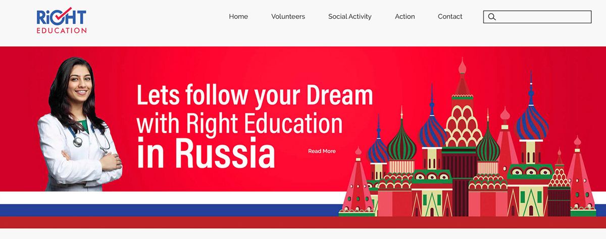 Right Education website banner reading Lets follow your Dream with Right Education in Russia