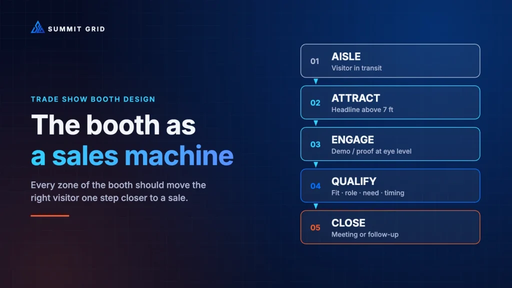 Trade show booth design: the booth as a sales machine, from aisle to attract, engage, qualify and close.